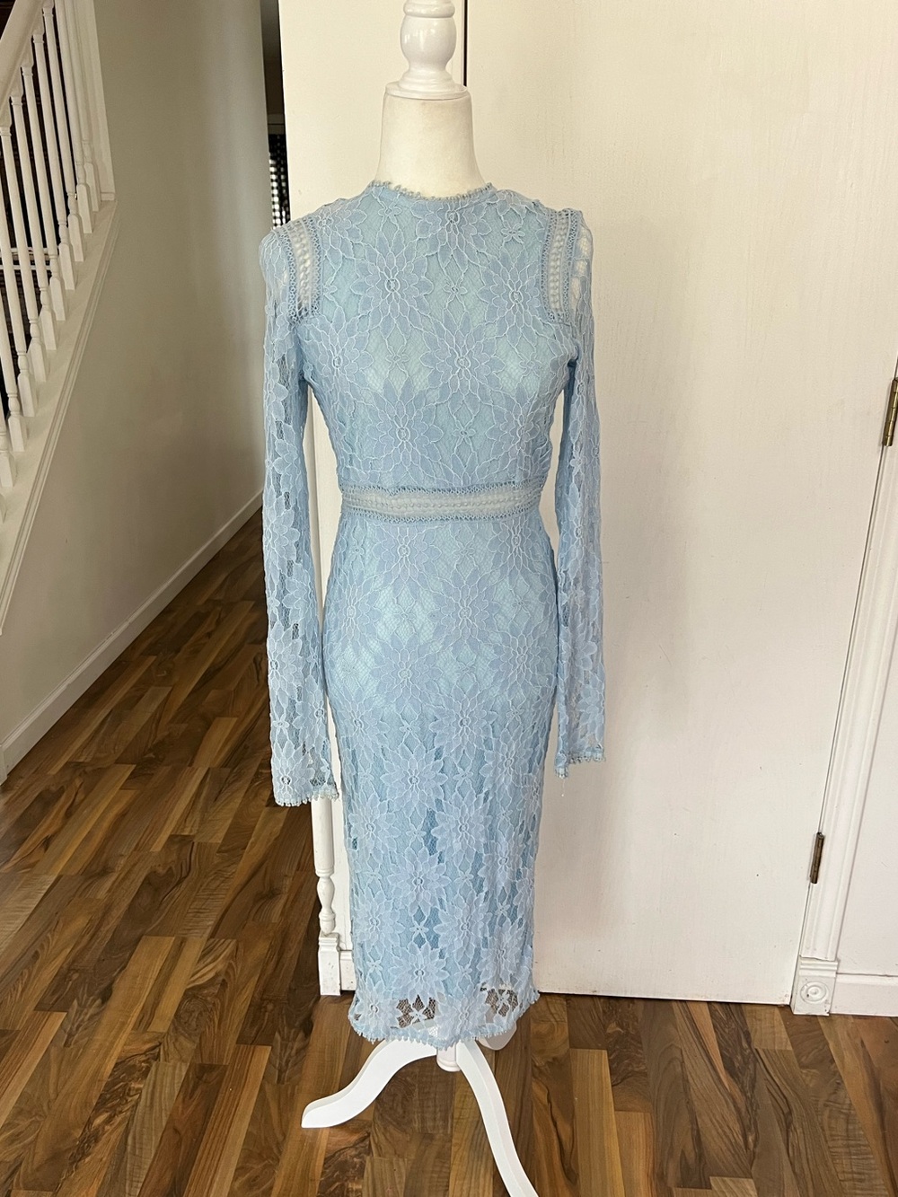 PrettyLittleThing Pale Blue Lace Long Sleeve Midi Dress